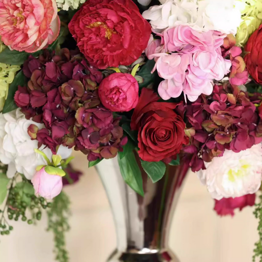 Crimson Peony Reverie – Designer Faux Rose & Peony Statement Arrangement