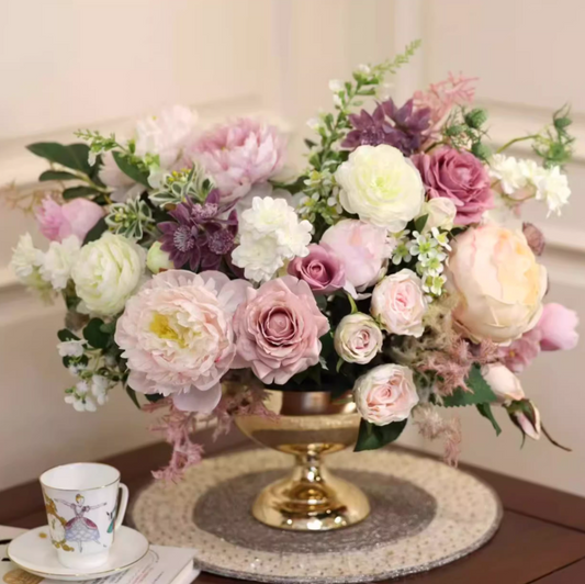 Blush Royale – French Princess Style Faux Florals with Gilded Pedestal Vase