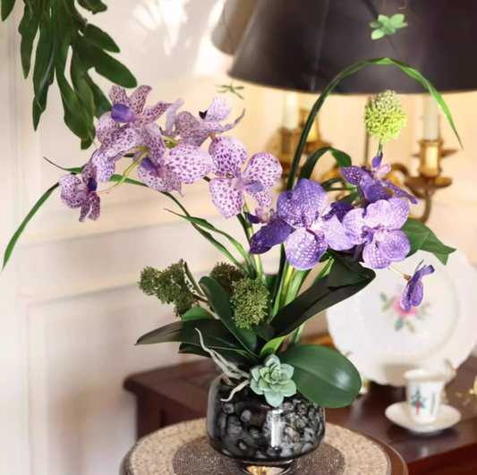 Purple Orchid Majesty – Oriental Entryway Faux Floral with Marble Glass Vase