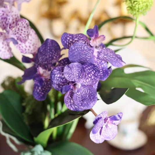 Purple Orchid Majesty – Oriental Entryway Faux Floral with Marble Glass Vase