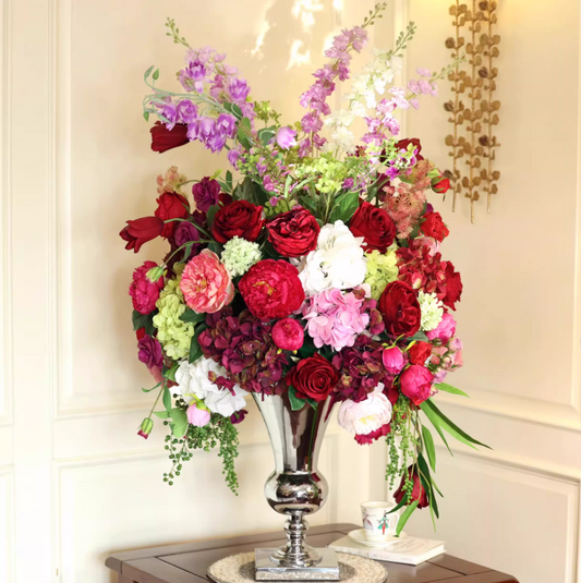 Crimson Peony Reverie – Designer Faux Rose & Peony Statement Arrangement