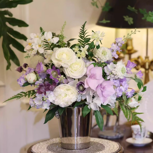 Silver Muse Flower Pail – Morandi Tone Faux Floral Arrangement