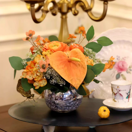 Modern Amber Accent – Anthurium & Hydrangea Faux Floral Display