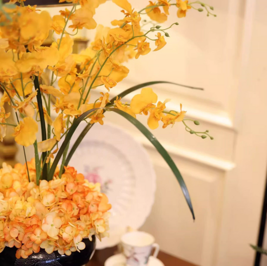 Golden Orchid Dance – Yellow Dancing Orchid Faux Floral Vase Set