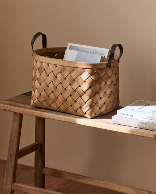 Wood Chip Handwoven Basket – Rustic Carry Handle Storage Tray