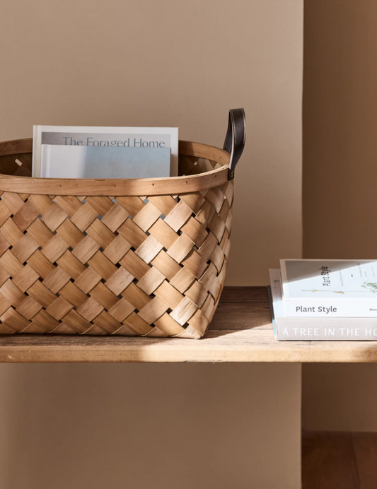 Wood Chip Handwoven Basket – Rustic Carry Handle Storage Tray
