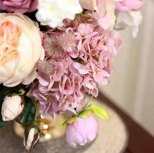 Blush Royale – French Princess Style Faux Florals with Gilded Pedestal Vase