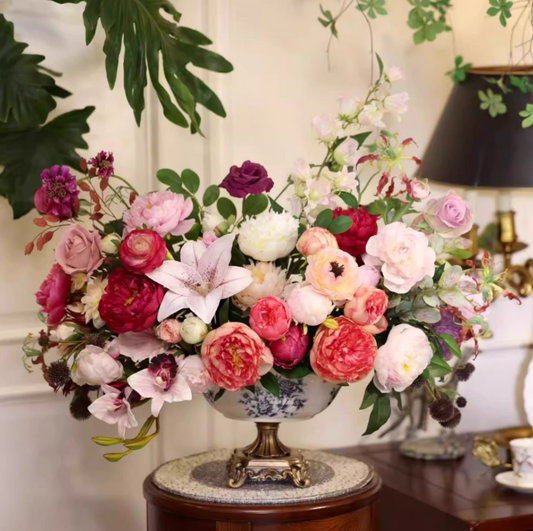 Porcelain Peony Muse – Oil Painting Style Faux Floral with Blue-Gold Vase