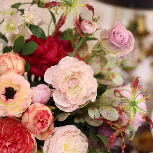 Porcelain Peony Muse – Oil Painting Style Faux Floral with Blue-Gold Vase